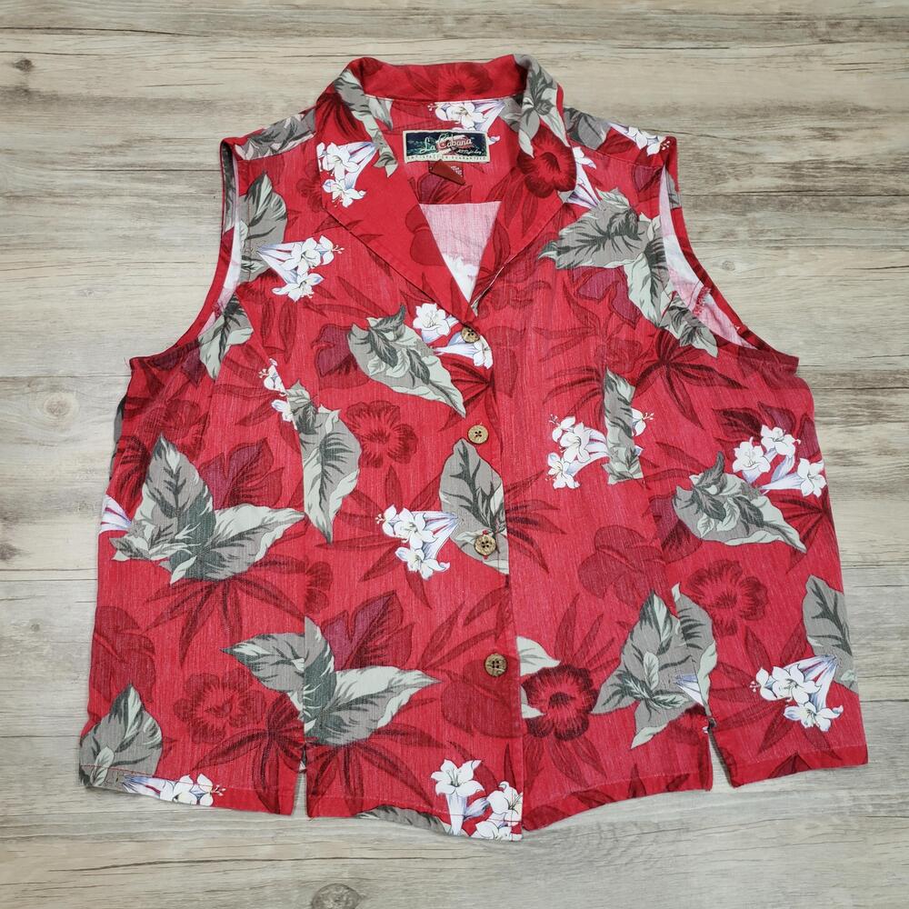 La Cabana Vest Womens XL Red Hawaiian Floral Button Front Rayon Summer Top